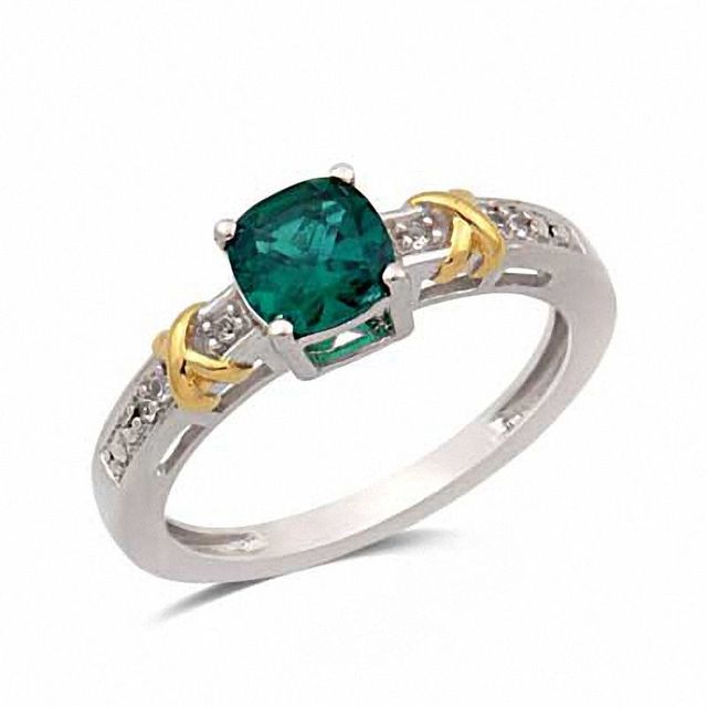 Cushion-Cut Lab-Created Emerald and White Sapphire Pendant and Ring Set in Sterling Silver and 14K Gold Plate - Size 7|Peoples Jewellers