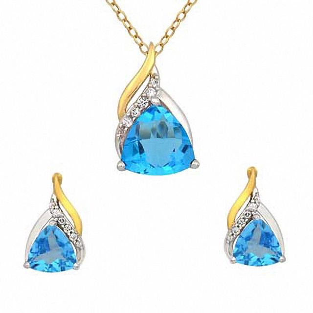 Swiss Blue Topaz and Lab-Created White Sapphire Pendant and Earrings Set in Sterling Silver and 14K Gold Plate|Peoples Jewellers