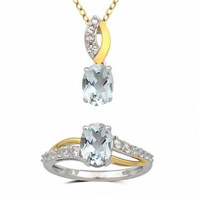 Oval Aquamarine and Lab-Created White Sapphire Pendant and Ring Set in Sterling Silver and 14K Gold Plate - Size 7|Peoples Jewellers