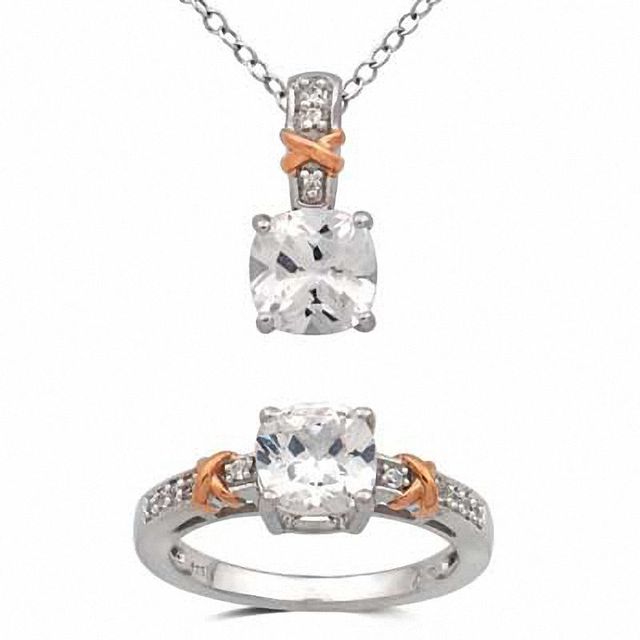 7.0mm Cushion-Cut Lab-Created White Sapphire Pendant and Ring Set in Sterling Silver with 14K Rose Gold Plate - Size 7|Peoples Jewellers