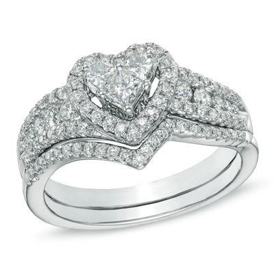 0.87 CT. T.W. Diamond Cluster Heart Bridal Set in 10K White Gold|Peoples Jewellers