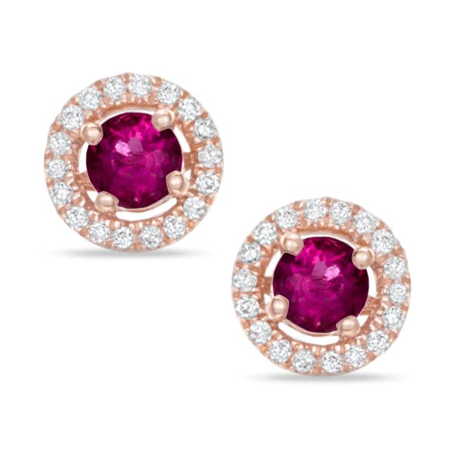 4.0mm Rubellite and 0.12 CT. T.W. Diamond Frame Stud Earrings in 10K Rose Gold|Peoples Jewellers