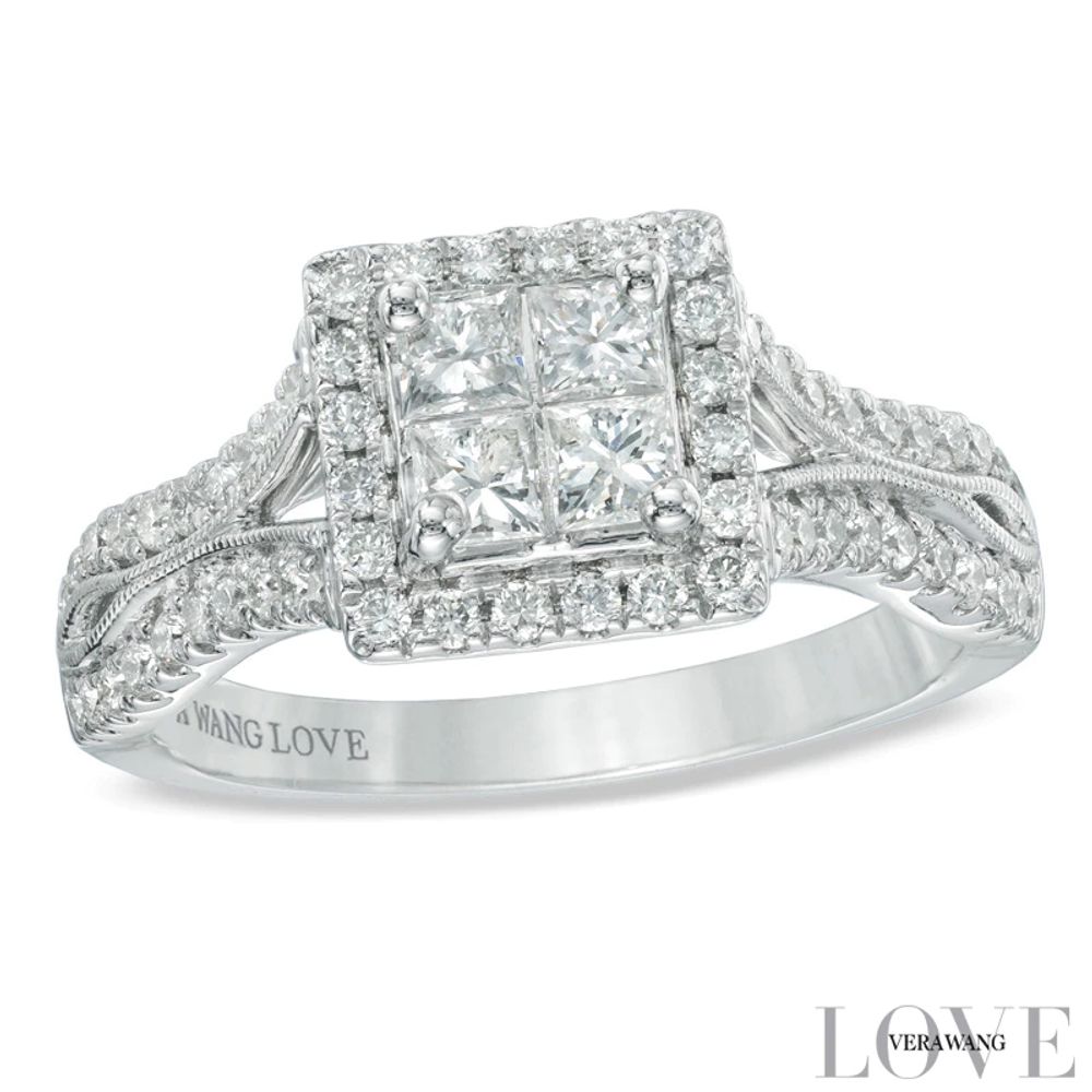 Vera Wang Love Collection 0.95 CT. T.W. Princess-Cut Quad Diamond Frame Engagement Ring in 14K White Gold|Peoples Jewellers