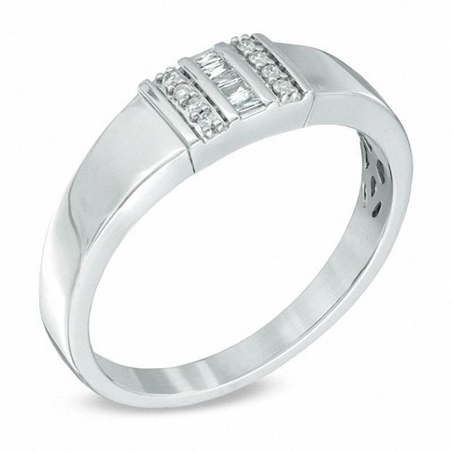 Men's 0.10 CT. T.W. Baguette and Round Diamond Ring in 10K White Gold