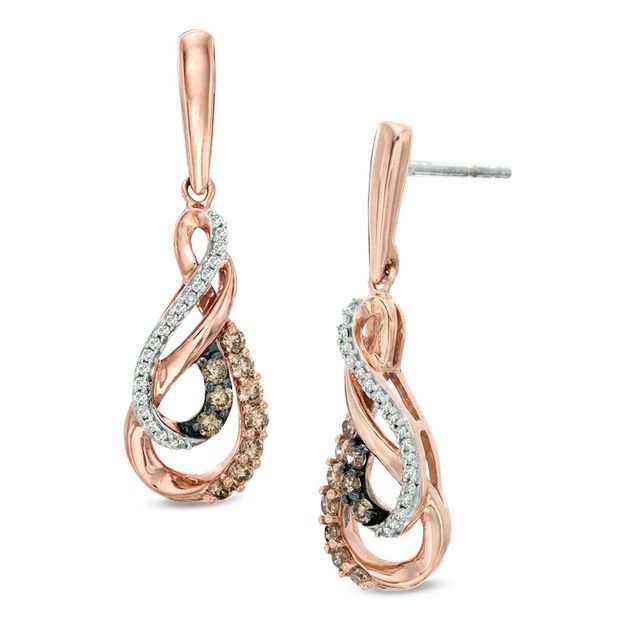 0.33 CT. T.W. Champagne and White Diamond Double Infinity Drop Earrings in 10K Rose Gold