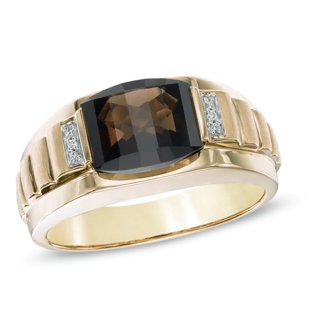 Men's Barrel-Cut Smoky Quartz and Diamond Accent Ring in 10K Gold|Peoples Jewellers