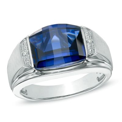 Men's Barrel-Cut Blue Lab-Created Sapphire and Diamond Accent Ring in Sterling Silver|Peoples Jewellers