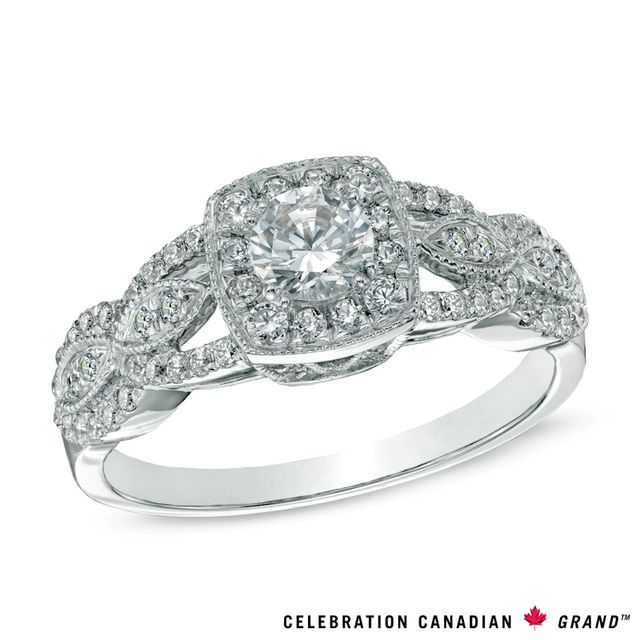 Celebration Canadian Ideal 0.70 CT. T.W. Certified Diamond Frame Vintage-Style Engagement Ring in 14K White Gold (I/I1)