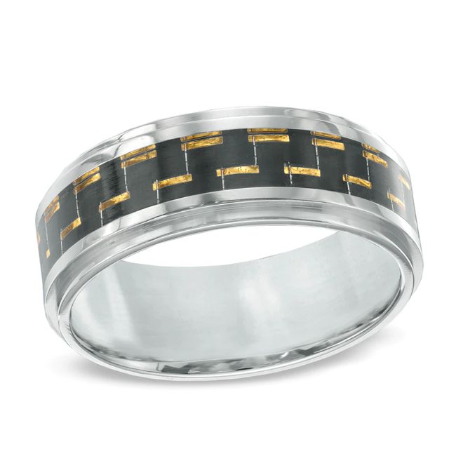 Men's 9.0mm Two-Tone Carbon Fibre Comfort Fit Wedding Band in Stainless Steel - Size 10|Peoples Jewellers
