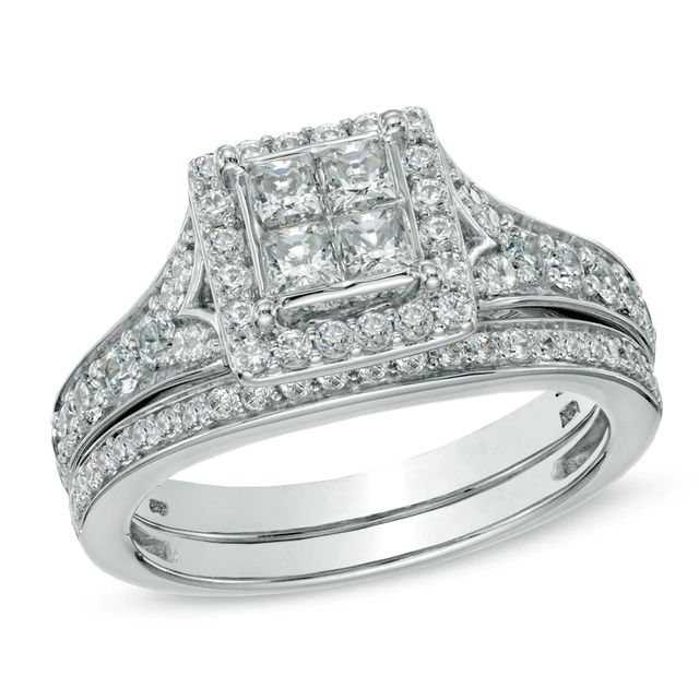 1.00 CT. T.W. Princess-Cut Quad Diamond Frame Bridal Set in 14K White Gold|Peoples Jewellers