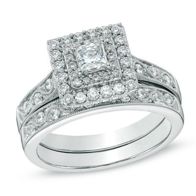 1.00 CT. T.W. Princess-Cut Diamond Double Frame Bridal Set in 14K White Gold|Peoples Jewellers