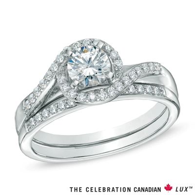 Celebration Canadian Lux® 0.73 CT. T.W. Certified Diamond Swirl Bridal Set in 18K White Gold (I/SI2)|Peoples Jewellers