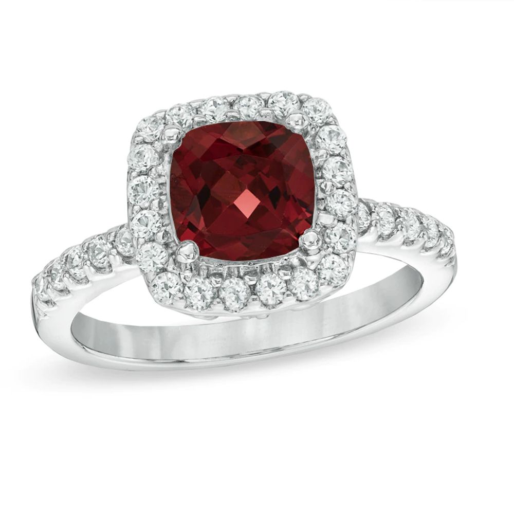 7.0mm Cushion-Cut Garnet and Lab-Created White Sapphire Frame Ring in Sterling Silver|Peoples Jewellers