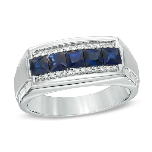 Men's Square-Cut Blue Sapphire and 0.12 CT. T.W. Diamond Ring in 10K White Gold