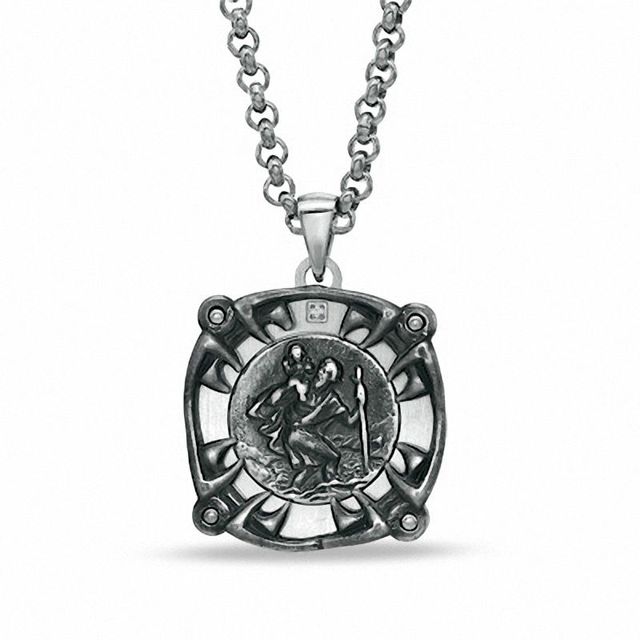 Black & Blue Jewelry Co. Men's Diamond Accent Saint Christopher Medal Pendant in Stainless Steel - 24"|Peoples Jewellers