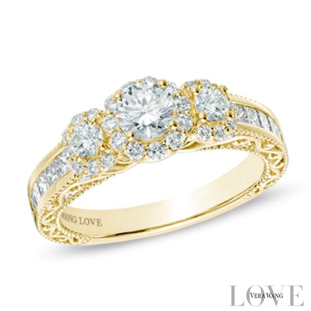 Vera Wang Love Collection 1.29 CT. T.W. Diamond Three Stone Frame Engagement Ring in 14K Gold