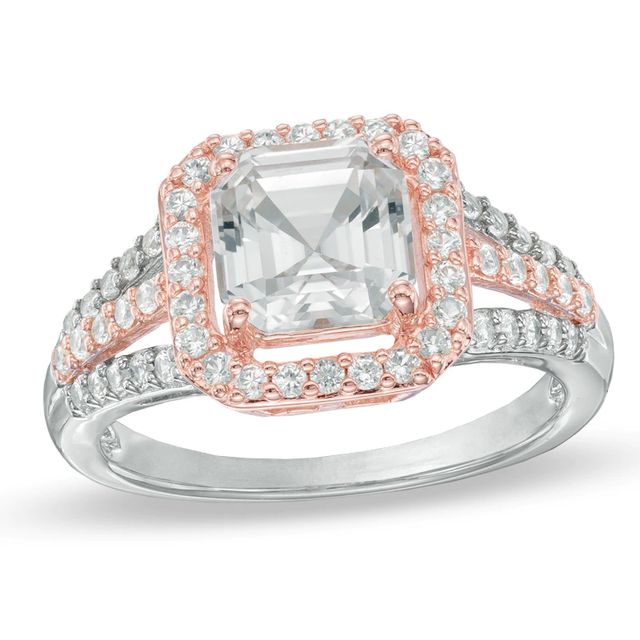 7.0mm Asscher-Cut Lab-Created White Sapphire Frame Ring in Sterling Silver and 14K Rose Gold Plate|Peoples Jewellers
