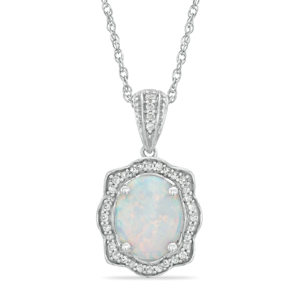 Oval Lab-Created Opal and White Sapphire Scallop Frame Pendant in Sterling Silver|Peoples Jewellers