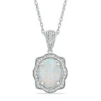 Oval Lab-Created Opal and White Sapphire Scallop Frame Pendant in Sterling Silver|Peoples Jewellers