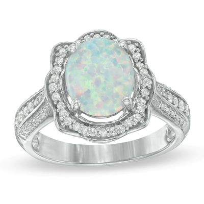 Oval Lab-Created Opal and White Sapphire Scallop Frame Ring in Sterling Silver|Peoples Jewellers