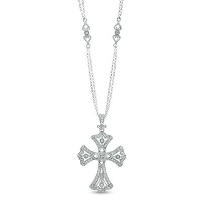 Lab-Created White Sapphire Cross Pendant in Sterling Silver - 17"|Peoples Jewellers