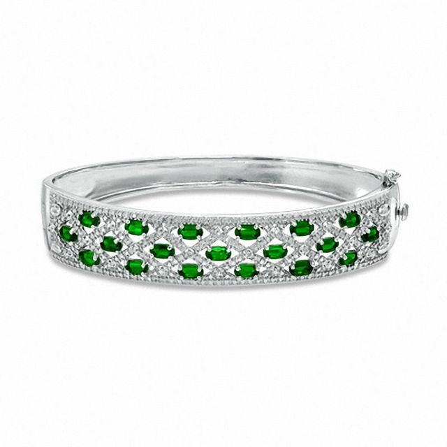 Oval Lab-Created Emerald and Diamond Accent Bangle in Sterling Silver - 7.25"