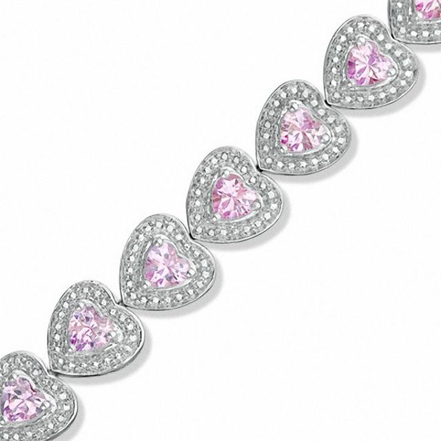 Heart-Shaped Lab-Created Pink Sapphire and Diamond Accent Bracelet in Sterling Silver - 7.25"|Peoples Jewellers