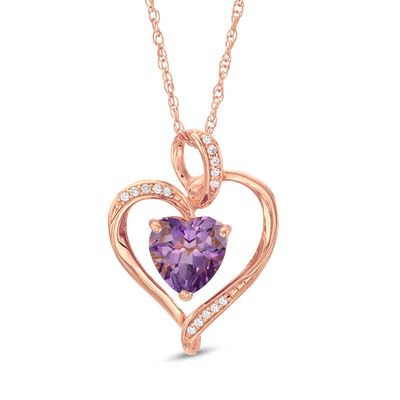 8.0mm Heart-Shaped Amethyst and White Lab-Created Sapphire Heart Pendant in Sterling Silver with 14K Rose Gold Plate|Peoples Jewellers