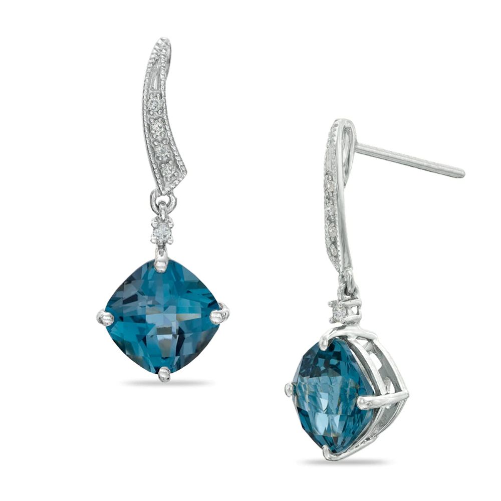 7.0mm Cushion-Cut London Blue Topaz and Diamond Accent Drop Earrings in Sterling Silver|Peoples Jewellers