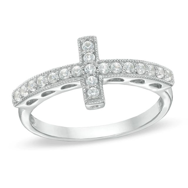 Lab-Created White Sapphire Sideways Cross Ring in Sterling Silver|Peoples Jewellers