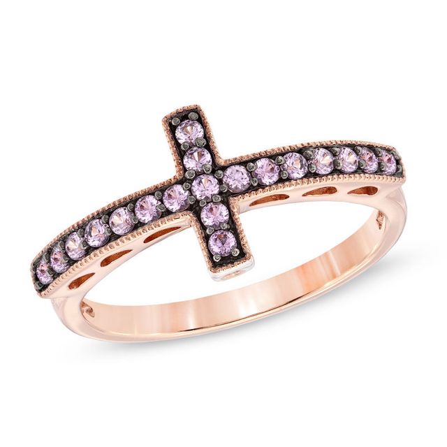 Lab-Created Pink and White Sapphire Sideways Cross Ring in Sterling Silver with 14K Rose Gold Plate|Peoples Jewellers