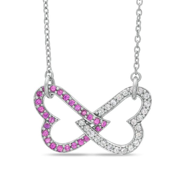 Lab-Created Pink and White Sapphire Interlocked Heart Necklace in Sterling Silver|Peoples Jewellers