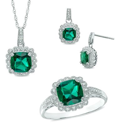 Lab-Created Emerald and 0.11 CT. T.W. Diamond Pendant, Ring and Earrings Set in Sterling Silver - Size 7|Peoples Jewellers