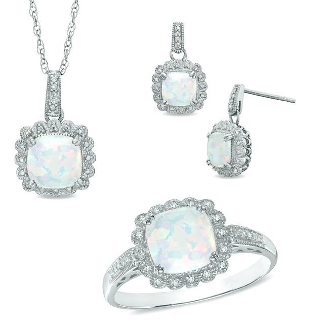 Lab-Created Opal and 0.11 CT. T.W. Diamond Pendant, Ring and Earrings Set in Sterling Silver - Size 7|Peoples Jewellers