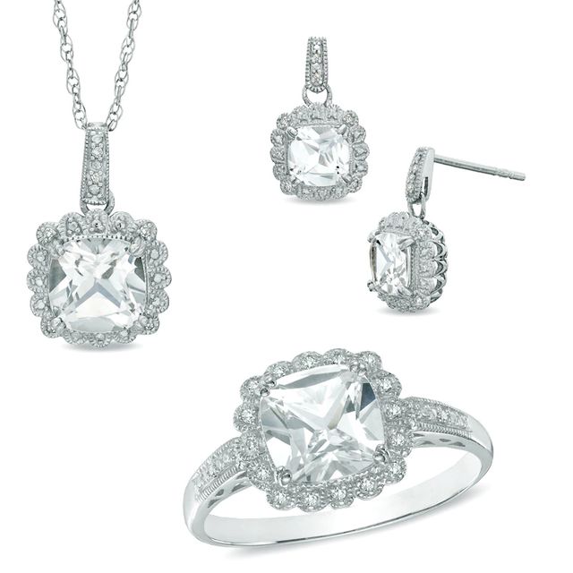 Lab-Created Sapphire and 0.11 CT. T.W. Diamond Pendant, Ring and Earrings Set in Sterling Silver