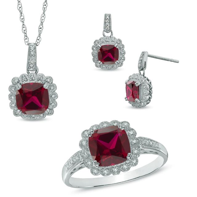 Lab-Created Ruby and 0.11 CT. T.W. Diamond Pendant, Ring and Earrings Set in Sterling Silver - Size 7|Peoples Jewellers