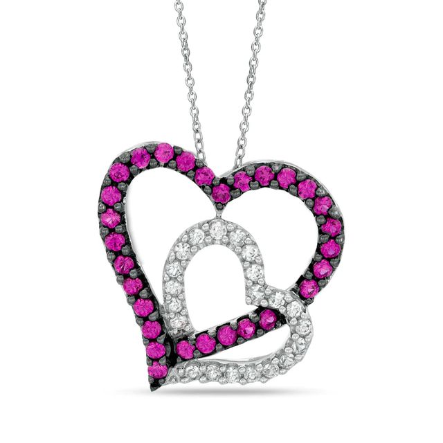 Lab-Created Ruby and White Sapphire Double Heart Pendant in Sterling Silver|Peoples Jewellers