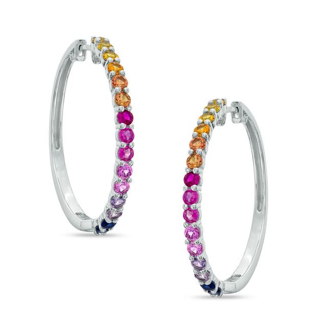 Lab-Created Multi-Gemstone Hoop Earrings in Sterling Silver