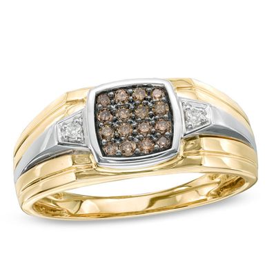 Men's 0.25 CT. T.W. Champagne and White Diamond Ring in 10K Two-Tone Gold|Peoples Jewellers