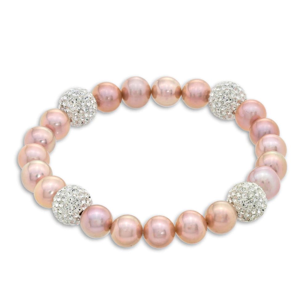 8.0-9.0mm Dyed Pink Freshwater Cultured Pearl and Crystal Bead Stretch Bracelet-7.25"|Peoples Jewellers