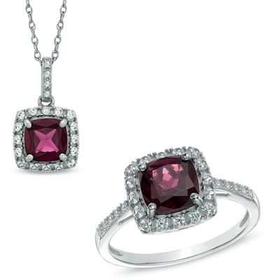 7.0mm Cushion-Cut Garnet and Lab-Created White Sapphire Pendant and Ring Set in Sterling Silver - Size 7|Peoples Jewellers