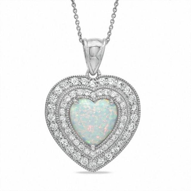 12.0mm Heart-Shaped Lab-Created Opal and White Sapphire Heart Pendant in Sterling Silver|Peoples Jewellers