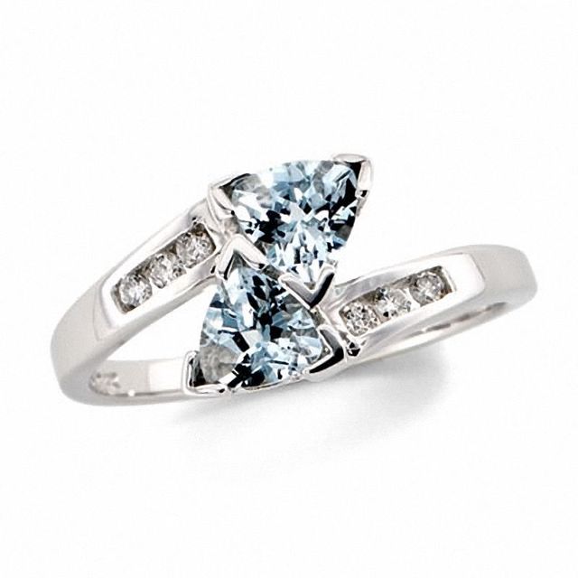 5.0mm Trillion-Cut Aquamarine and Diamond Accent Bypass Ring in 10K White Gold|Peoples Jewellers