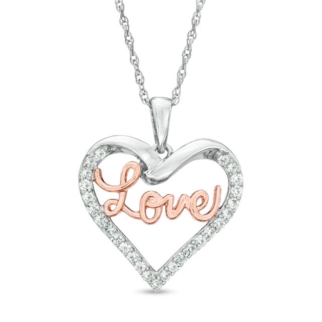 Lab-Created White Sapphire "Love" Heart Pendant in Sterling Silver and 14K Rose Gold Plate