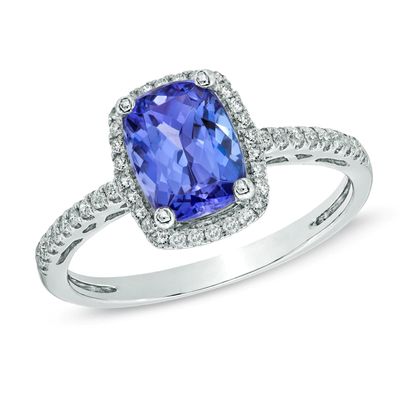 Cushion-Cut Tanzanite and 0.17 CT. T.W. Diamond Ring in 14K White Gold|Peoples Jewellers