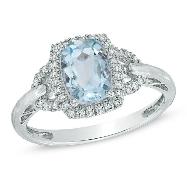 Cushion-Cut Aquamarine and 0.17 CT. T.W. Diamond Frame Ring in 10K White Gold|Peoples Jewellers