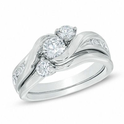 1.00 CT. T.W. Diamond Three Stone Slant Bridal Set in 14K White Gold|Peoples Jewellers