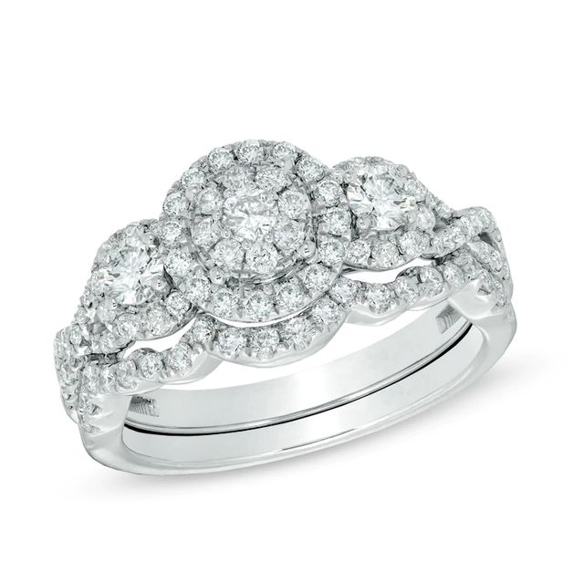 0.95 CT. T.W. Diamond Cluster Three Stone Bridal Set in 14K White Gold|Peoples Jewellers