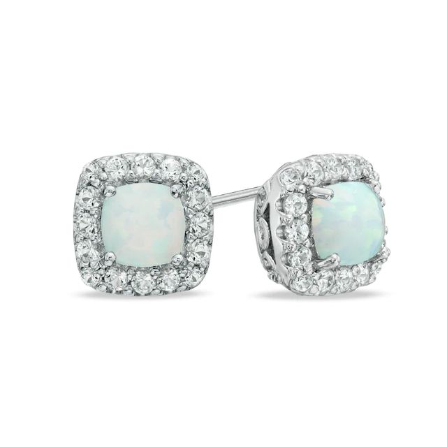 5.0mm Cushion-Cut Lab-Created Opal and White Sapphire Frame Stud Earrings in Sterling Silver|Peoples Jewellers