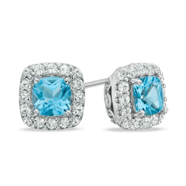 5.0mm Cushion-Cut Swiss Blue Topaz and Lab-Created White Sapphire Frame Stud Earrings in Sterling Silver|Peoples Jewellers